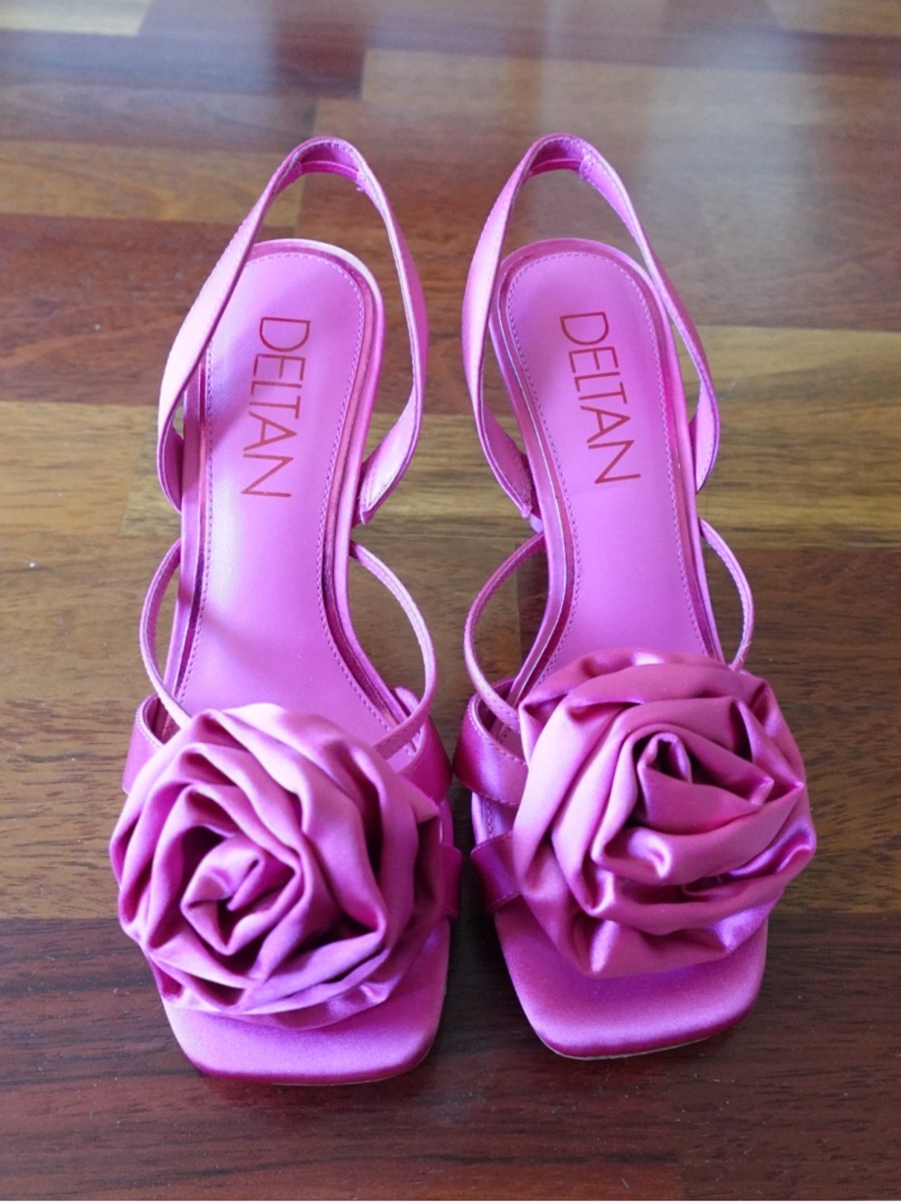 Delta Pink Satin Rose Embellished Slingback Heels
